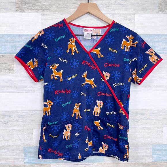 Rudolph The Red Nose Reindeer Christmas Scrub Top Blue Nursing Womens XS - Picture 1 of 5